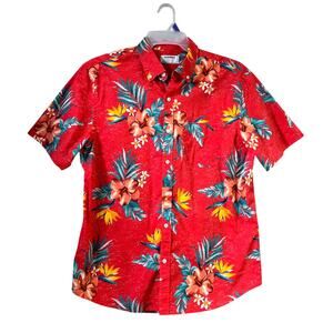 Old Navy Men's Floral Hawaiian Tropical Beach Button Up Shirt Red Size Large